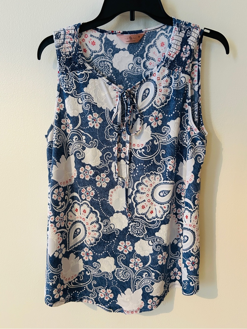 SJS Navy and White Paisley Tie-Front Sleeveless Tank